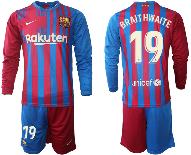 Men 2021-2022 Club Barcelona home red blue Long Sleeve #19 Nike Soccer Jersey